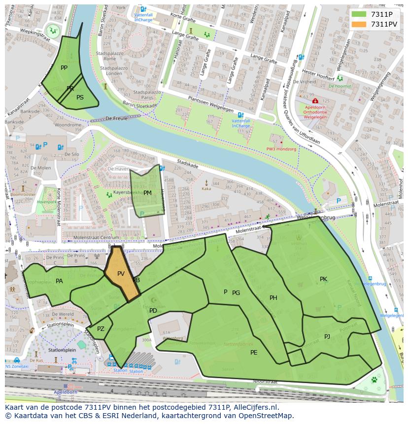 Afbeelding van het postcodegebied 7311 PV op de kaart.
