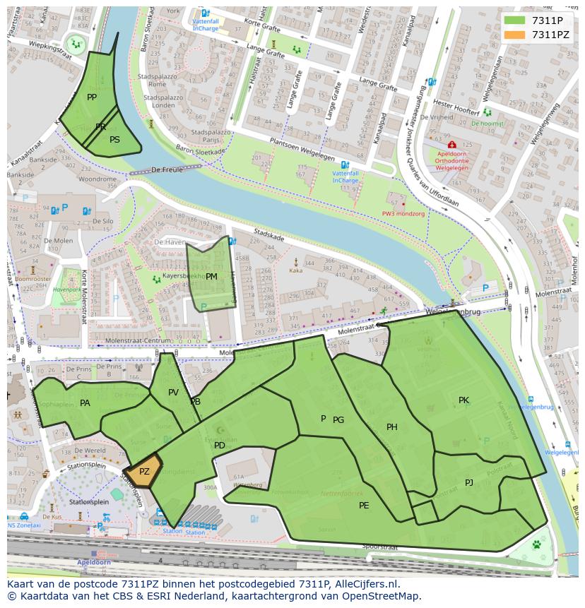 Afbeelding van het postcodegebied 7311 PZ op de kaart.