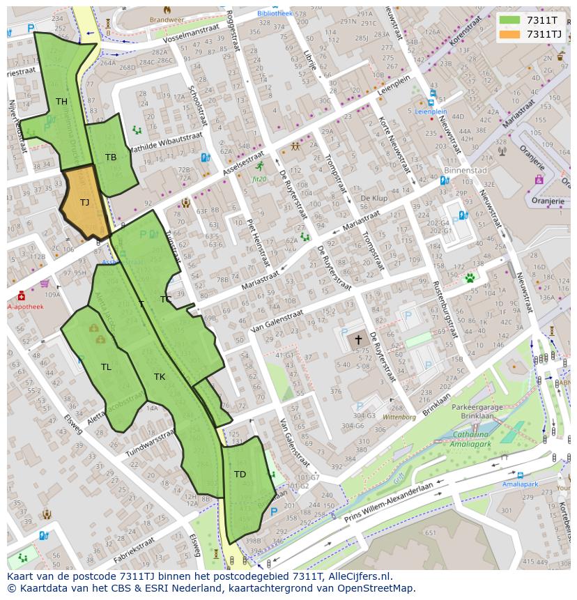 Afbeelding van het postcodegebied 7311 TJ op de kaart.