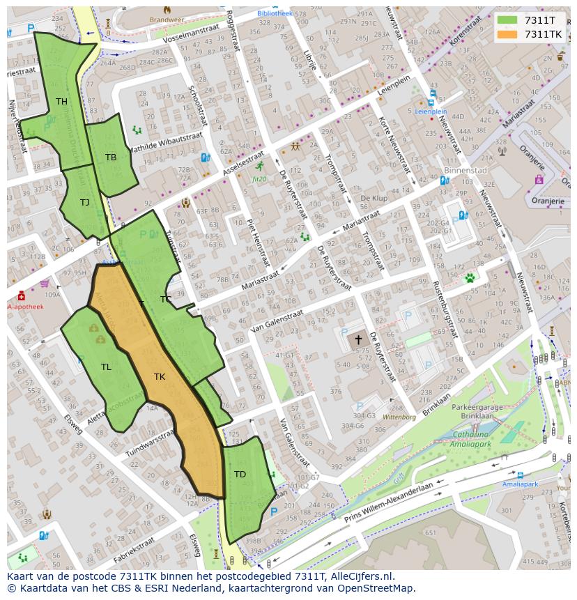 Afbeelding van het postcodegebied 7311 TK op de kaart.