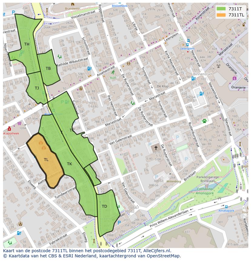 Afbeelding van het postcodegebied 7311 TL op de kaart.