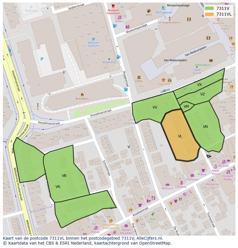 Afbeelding van het postcodegebied 7311 VL op de kaart.