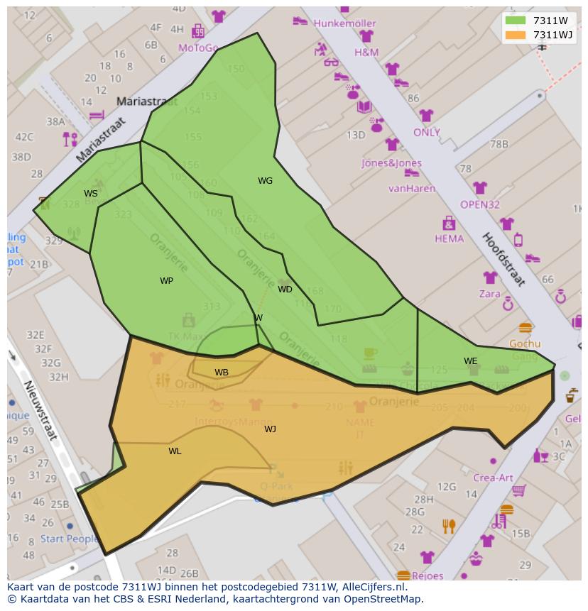 Afbeelding van het postcodegebied 7311 WJ op de kaart.