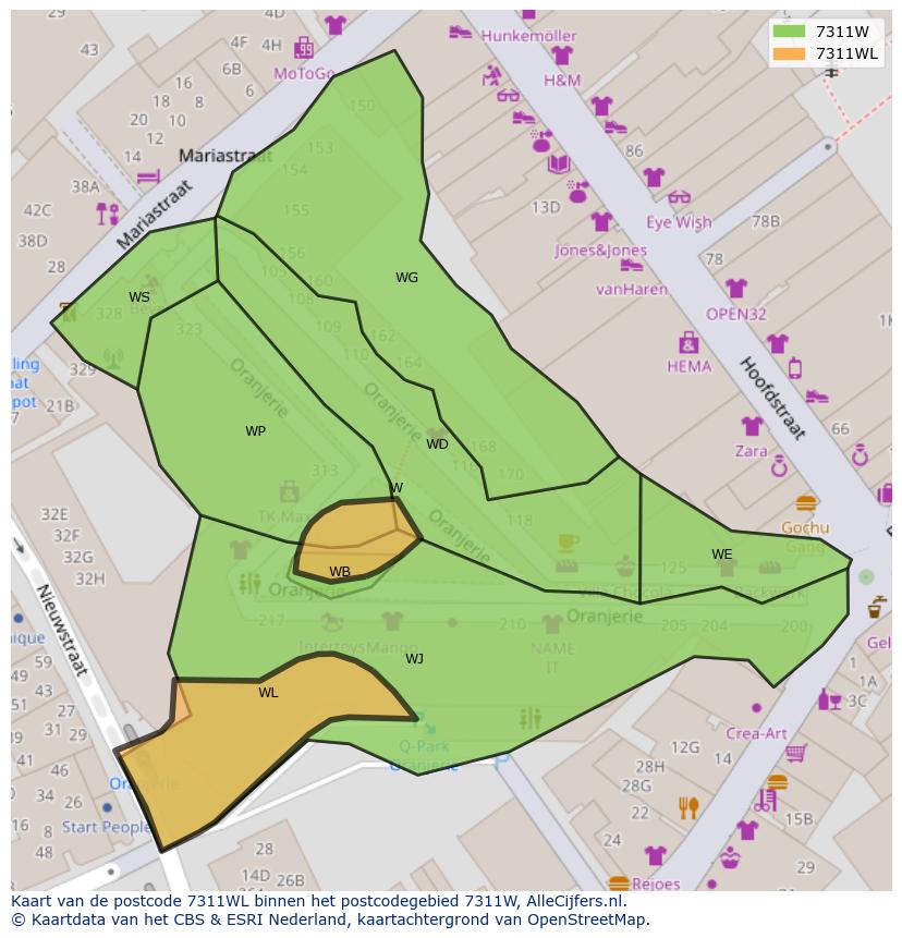 Afbeelding van het postcodegebied 7311 WL op de kaart.