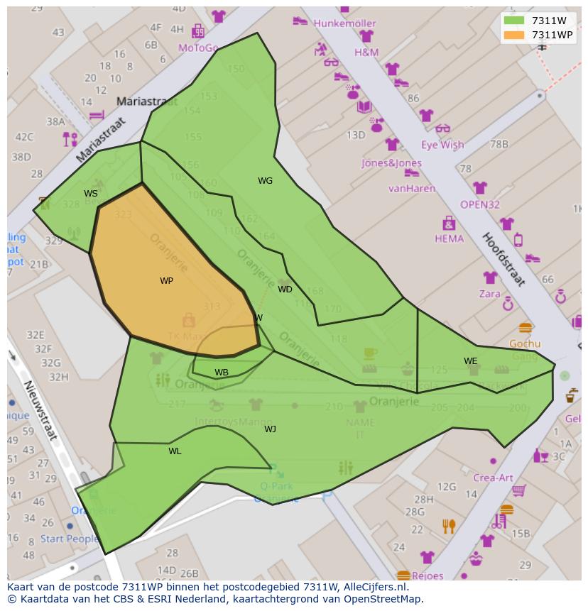 Afbeelding van het postcodegebied 7311 WP op de kaart.