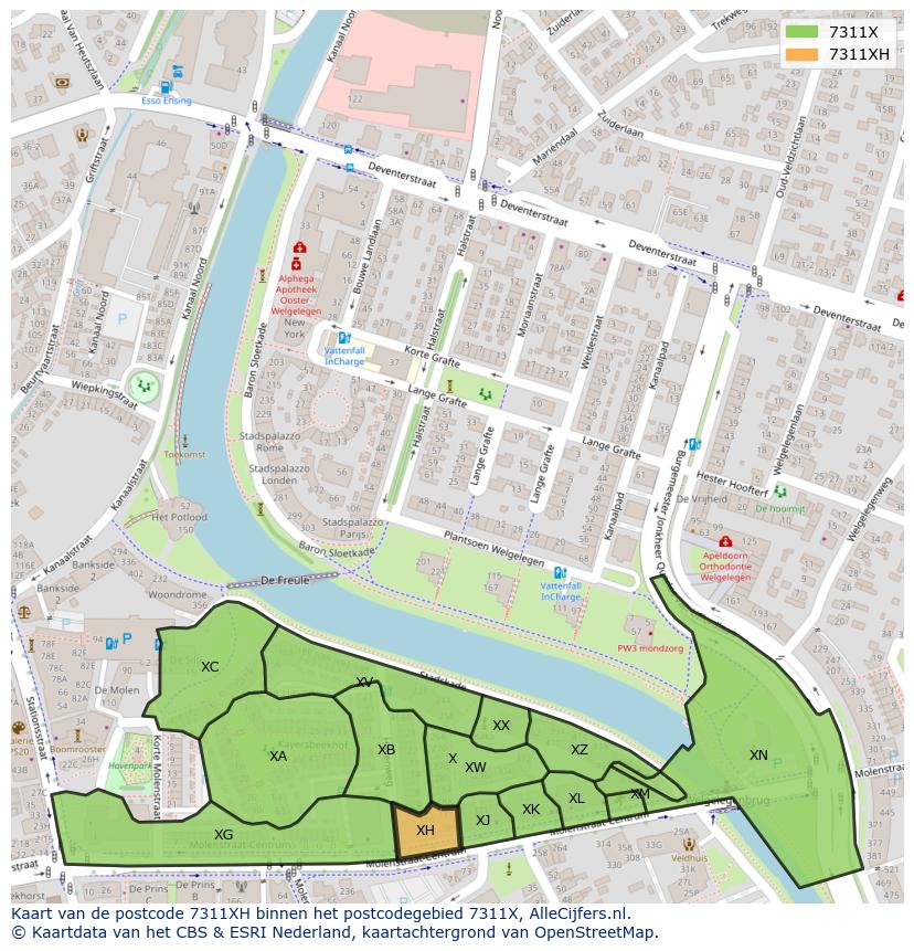 Afbeelding van het postcodegebied 7311 XH op de kaart.