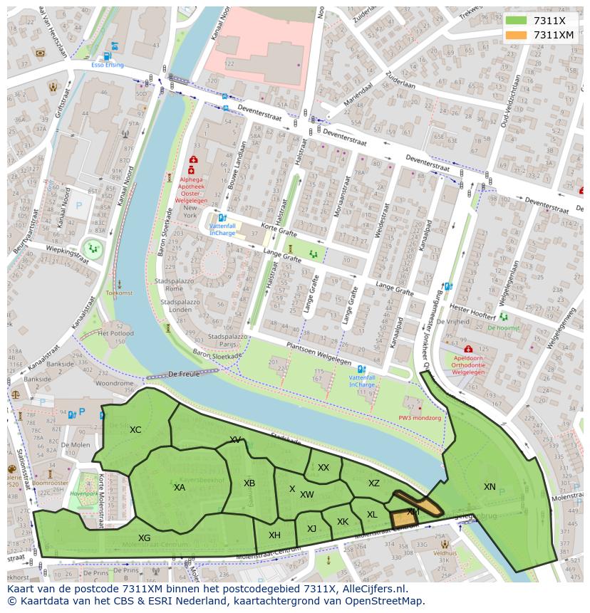 Afbeelding van het postcodegebied 7311 XM op de kaart.