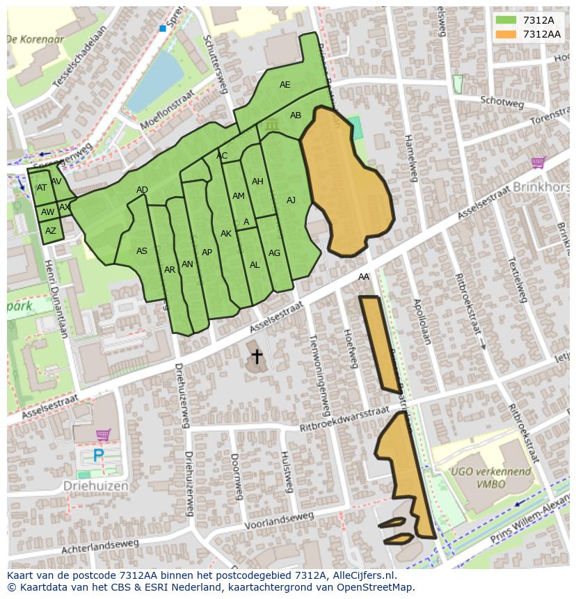 Afbeelding van het postcodegebied 7312 AA op de kaart.