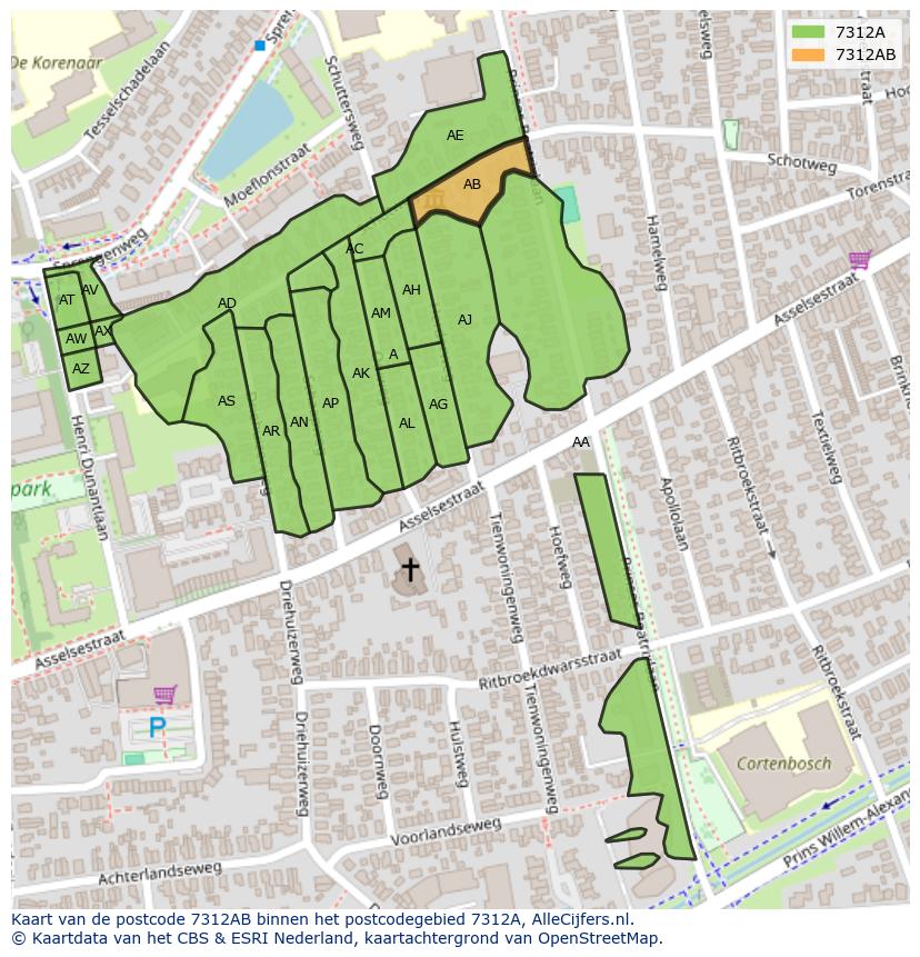 Afbeelding van het postcodegebied 7312 AB op de kaart.