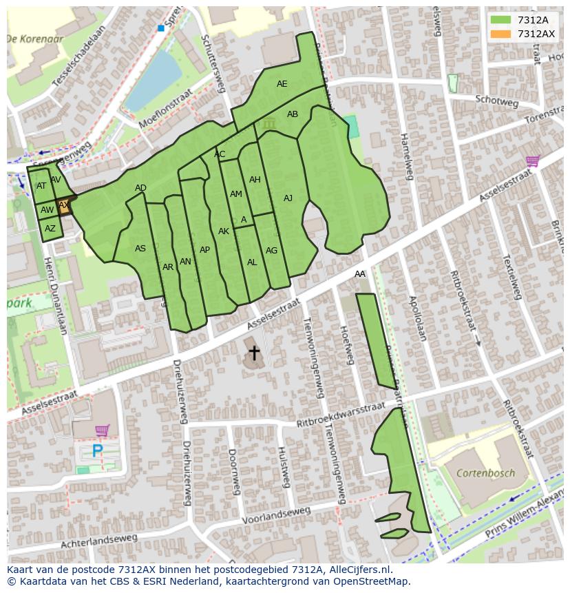 Afbeelding van het postcodegebied 7312 AX op de kaart.
