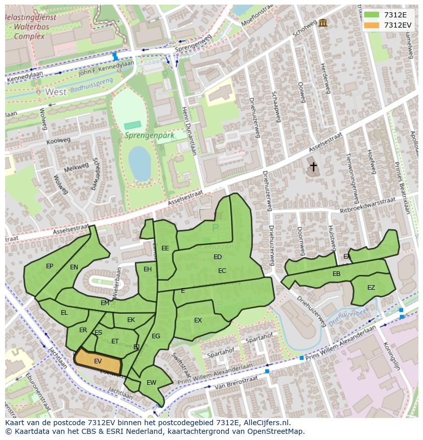 Afbeelding van het postcodegebied 7312 EV op de kaart.