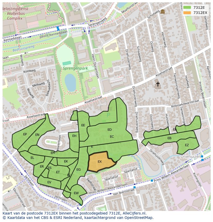 Afbeelding van het postcodegebied 7312 EX op de kaart.