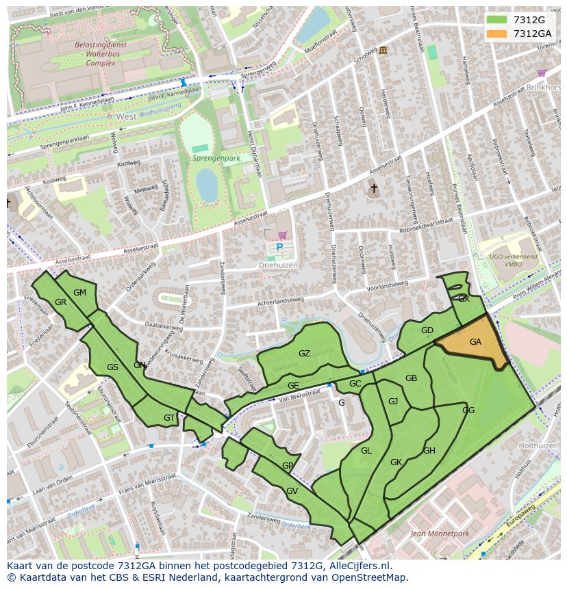 Afbeelding van het postcodegebied 7312 GA op de kaart.