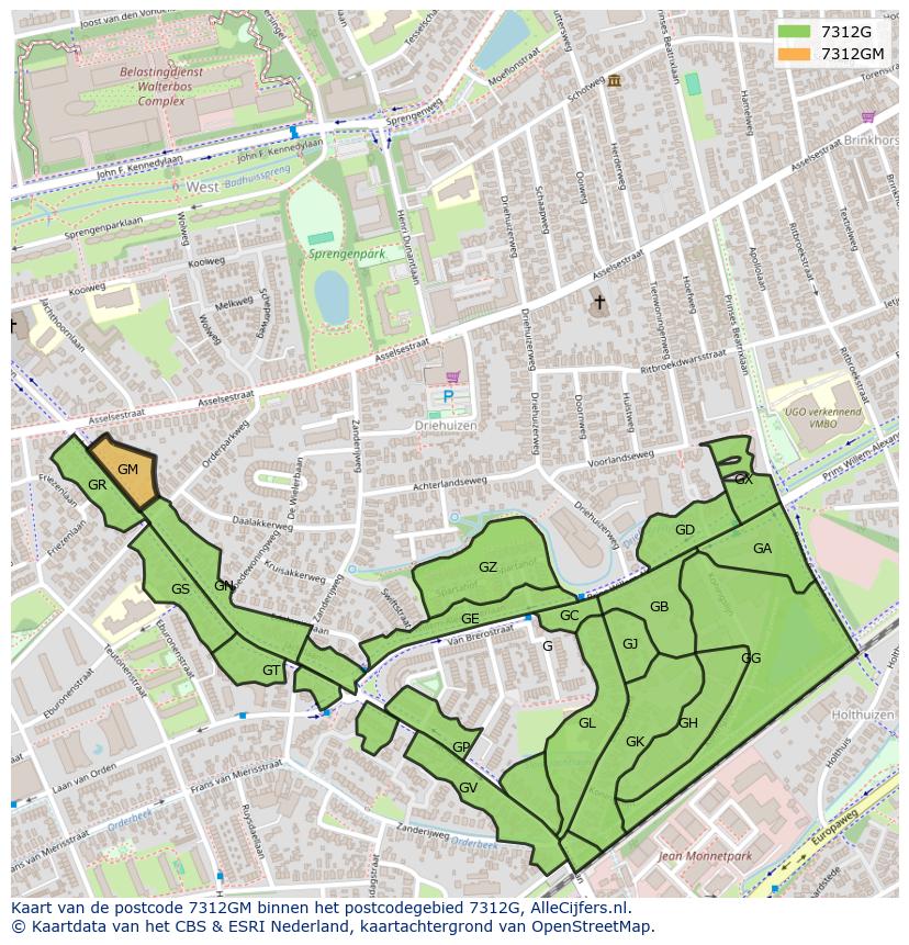 Afbeelding van het postcodegebied 7312 GM op de kaart.