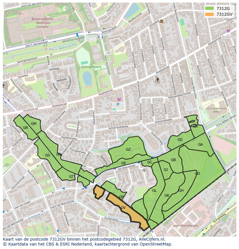 Afbeelding van het postcodegebied 7312 GV op de kaart.