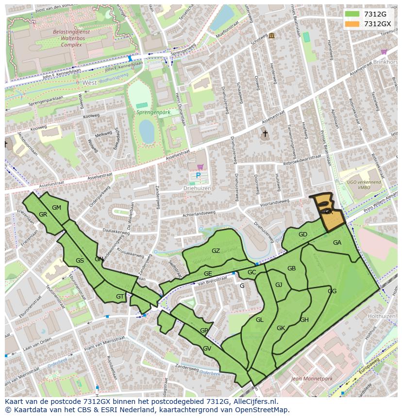 Afbeelding van het postcodegebied 7312 GX op de kaart.