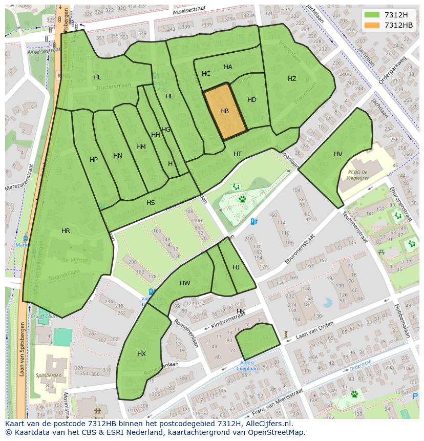 Afbeelding van het postcodegebied 7312 HB op de kaart.