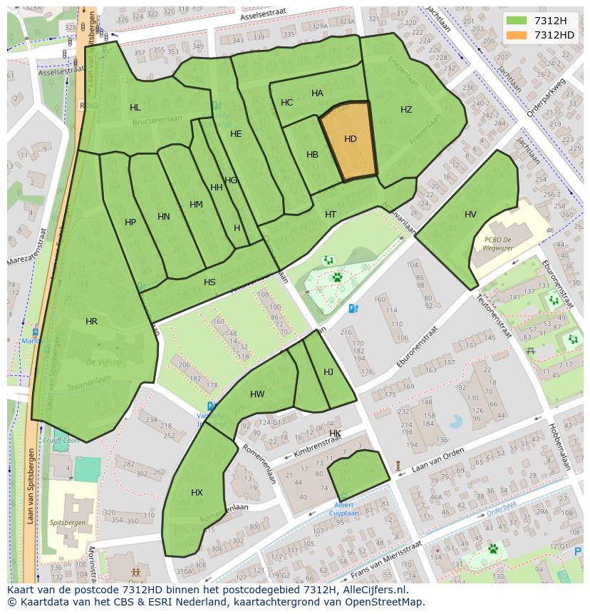 Afbeelding van het postcodegebied 7312 HD op de kaart.
