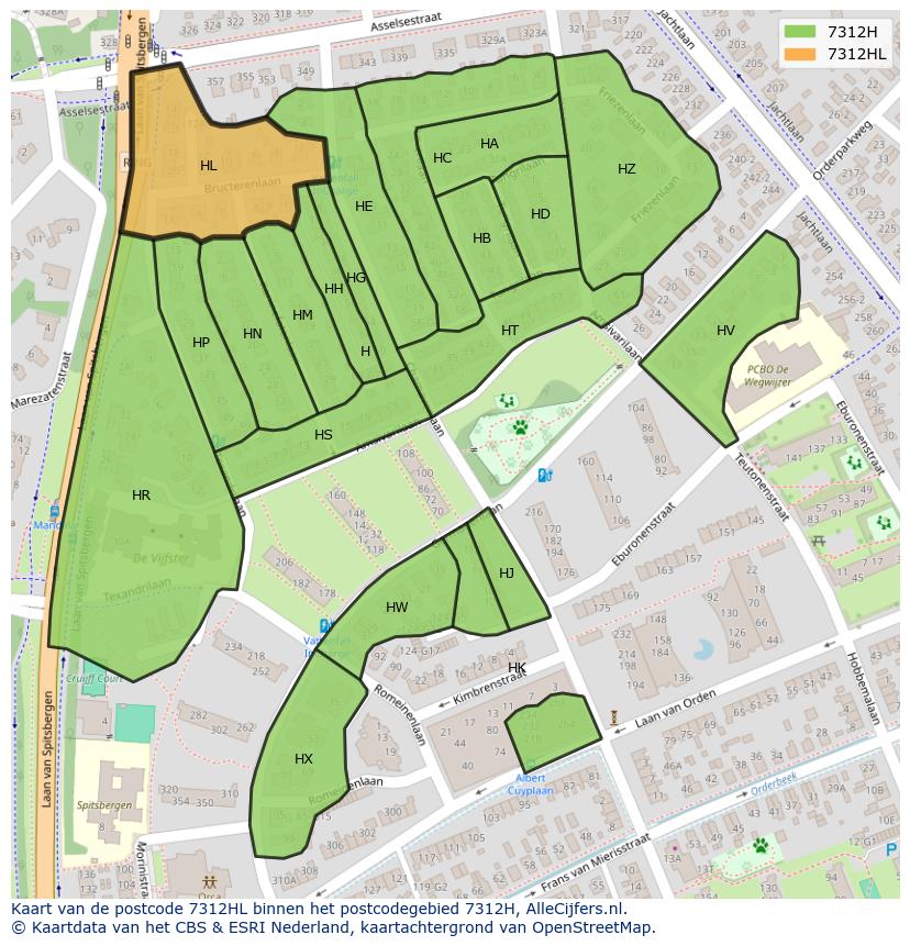Afbeelding van het postcodegebied 7312 HL op de kaart.