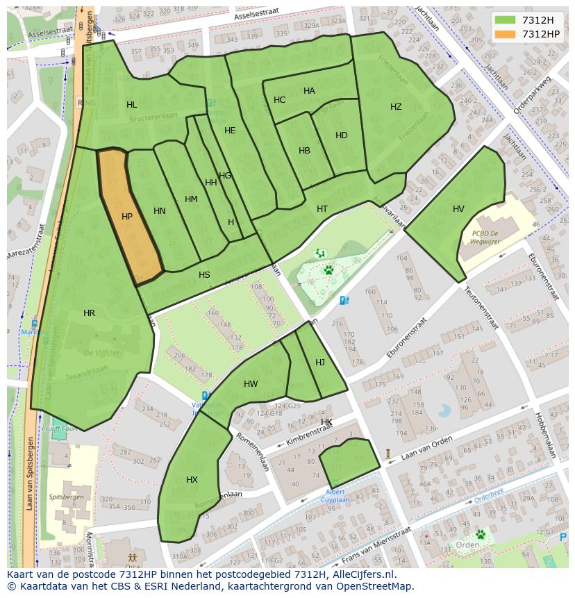 Afbeelding van het postcodegebied 7312 HP op de kaart.