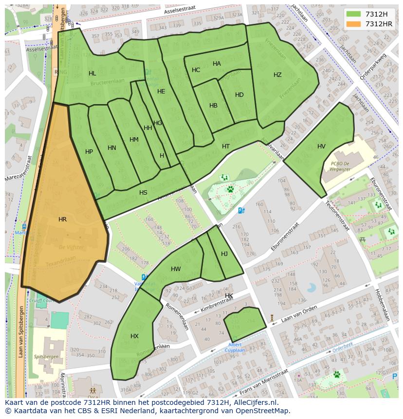 Afbeelding van het postcodegebied 7312 HR op de kaart.