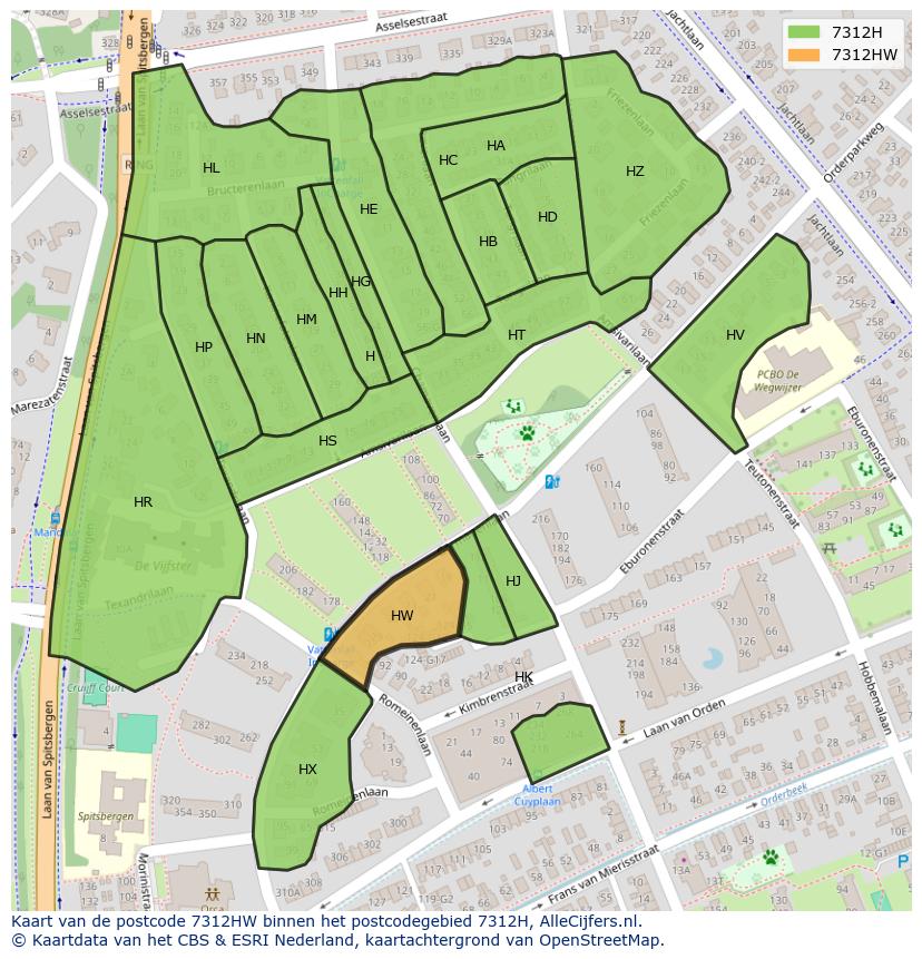 Afbeelding van het postcodegebied 7312 HW op de kaart.