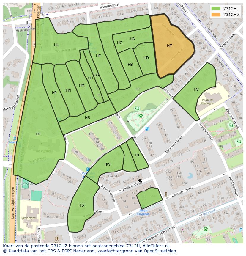 Afbeelding van het postcodegebied 7312 HZ op de kaart.