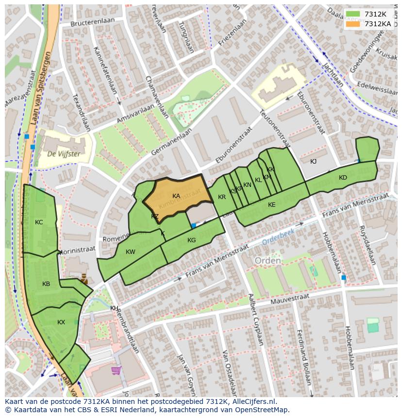 Afbeelding van het postcodegebied 7312 KA op de kaart.