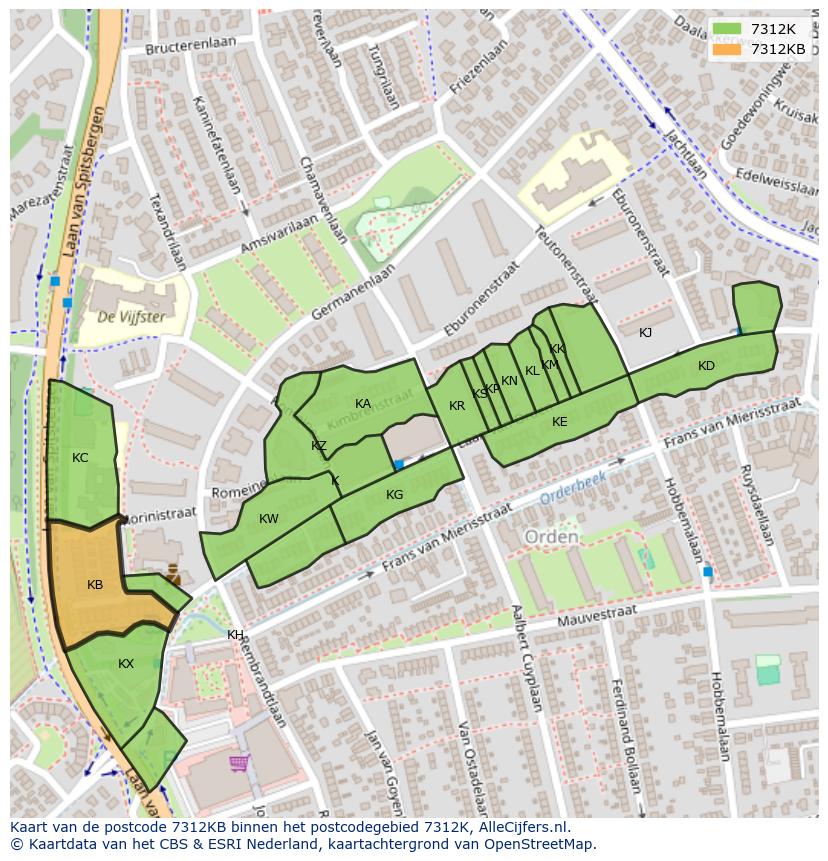 Afbeelding van het postcodegebied 7312 KB op de kaart.