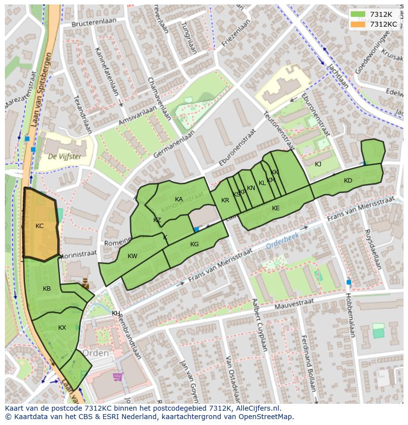 Afbeelding van het postcodegebied 7312 KC op de kaart.