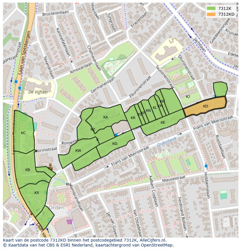 Afbeelding van het postcodegebied 7312 KD op de kaart.