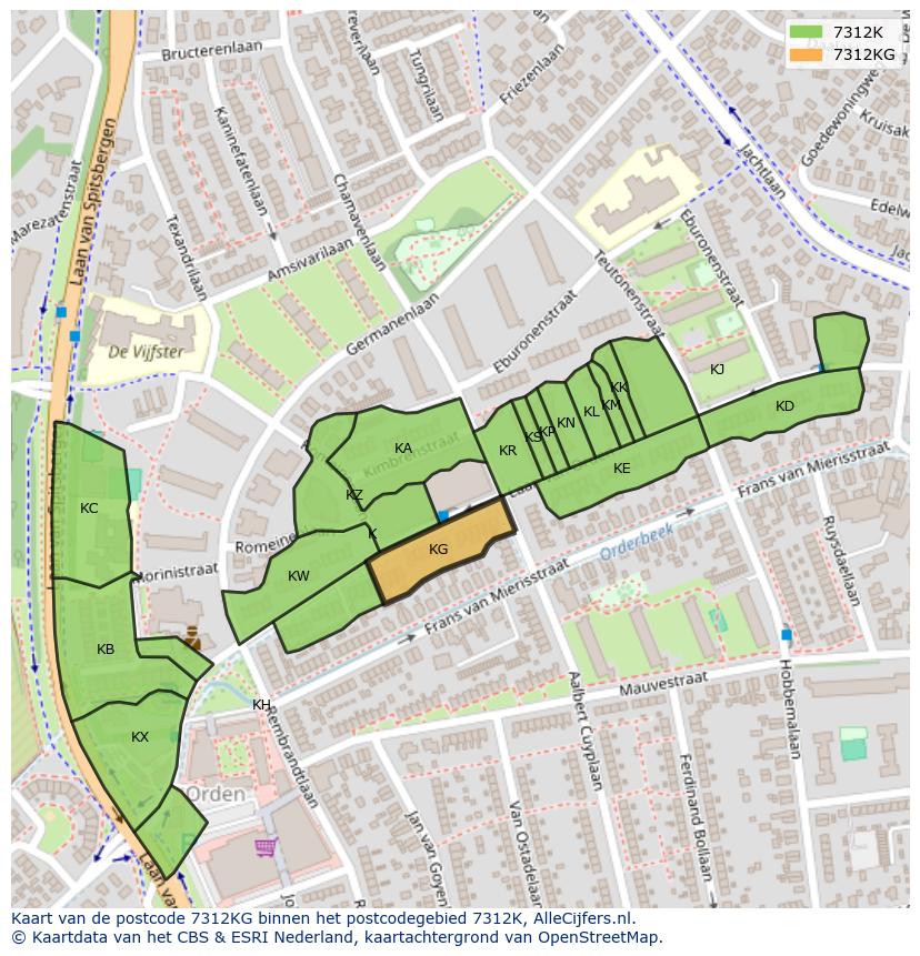 Afbeelding van het postcodegebied 7312 KG op de kaart.