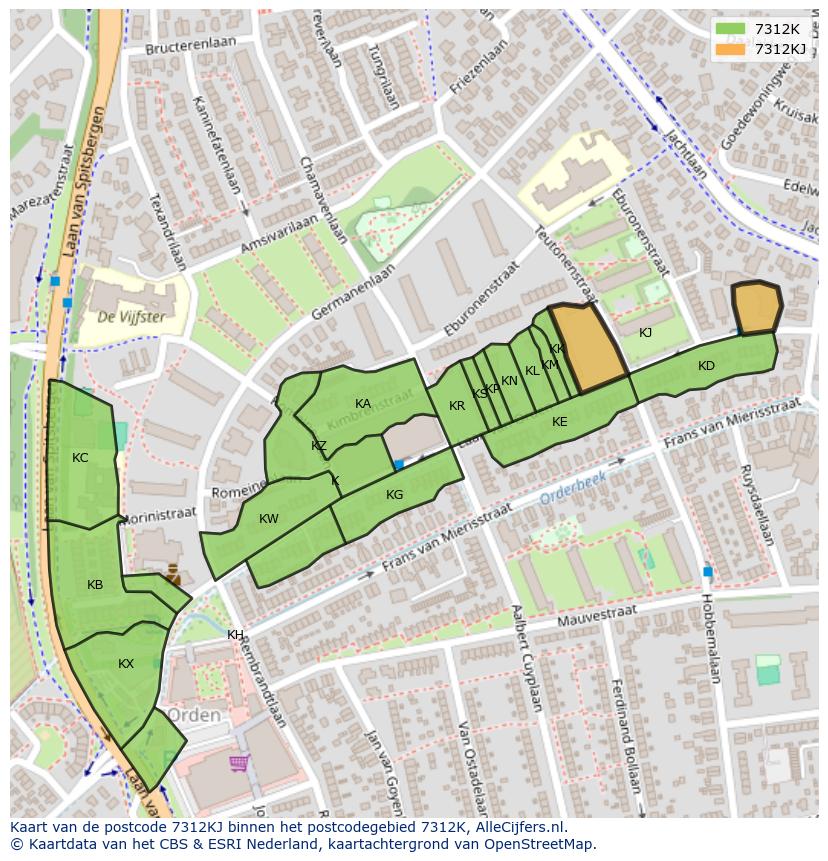 Afbeelding van het postcodegebied 7312 KJ op de kaart.