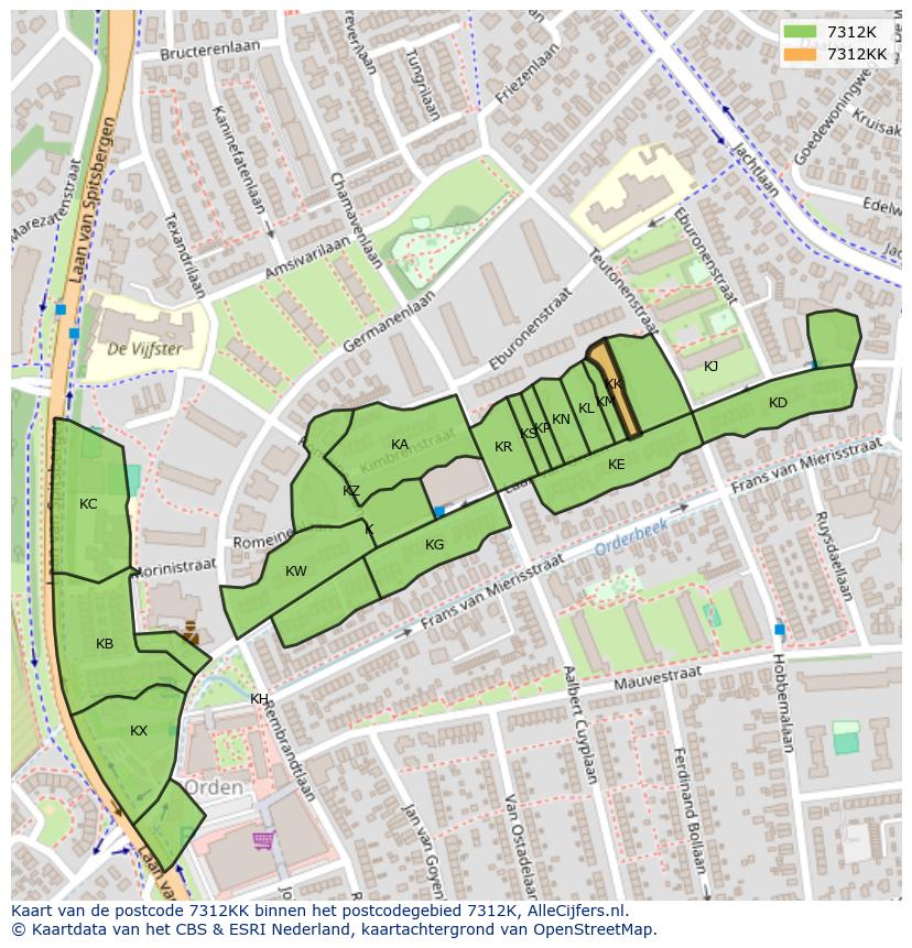 Afbeelding van het postcodegebied 7312 KK op de kaart.