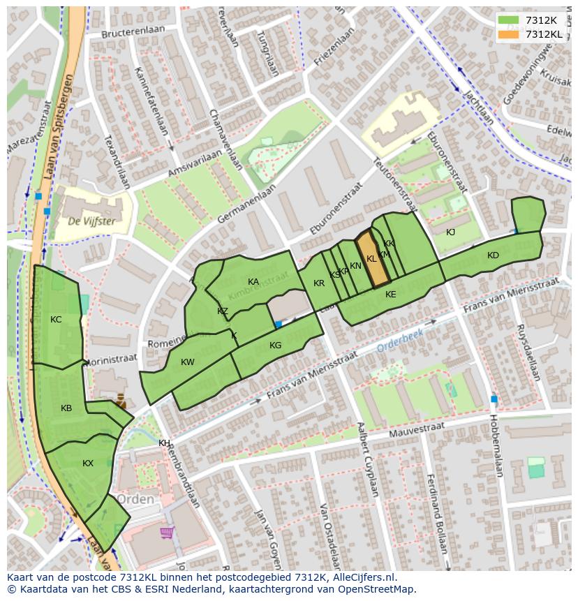 Afbeelding van het postcodegebied 7312 KL op de kaart.