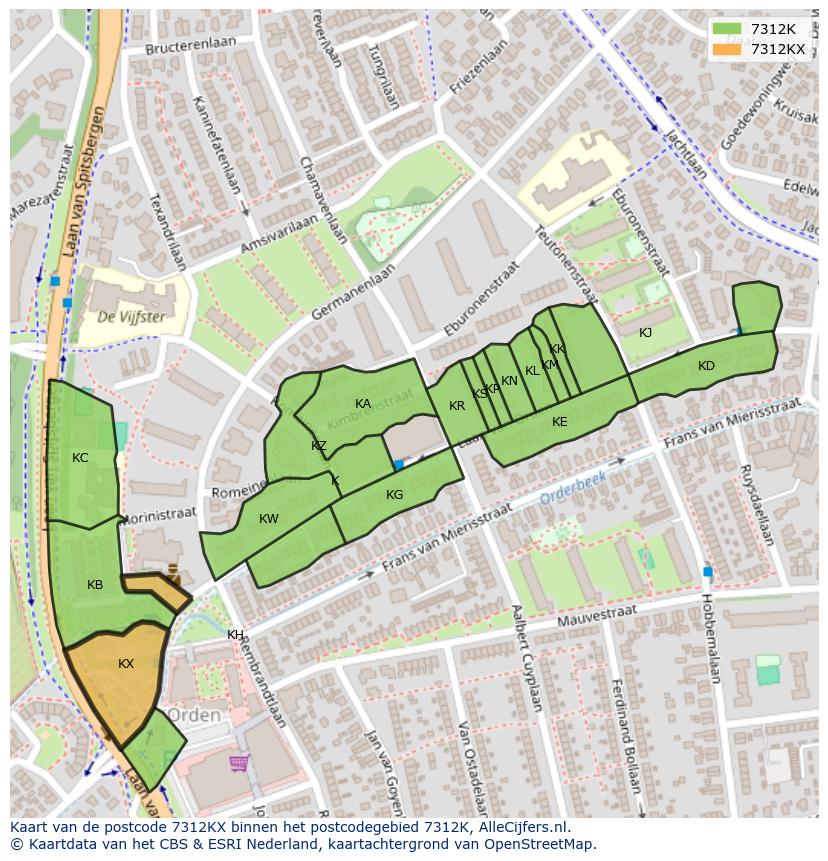 Afbeelding van het postcodegebied 7312 KX op de kaart.