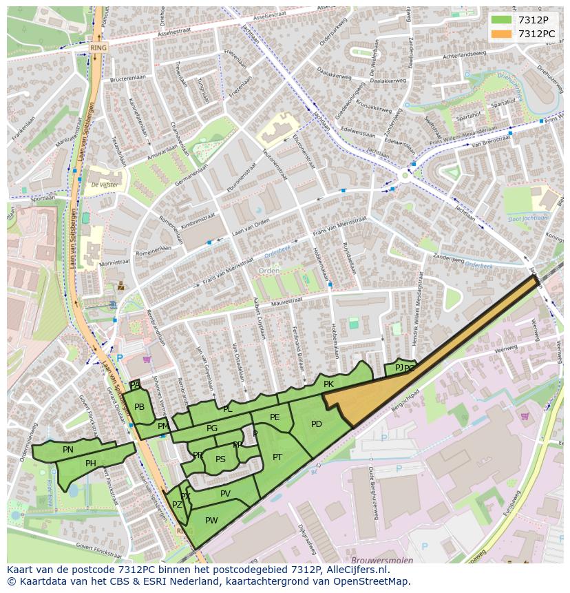 Afbeelding van het postcodegebied 7312 PC op de kaart.