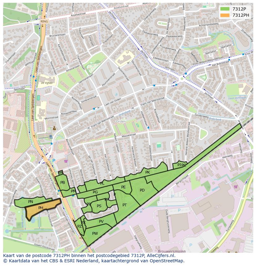 Afbeelding van het postcodegebied 7312 PH op de kaart.