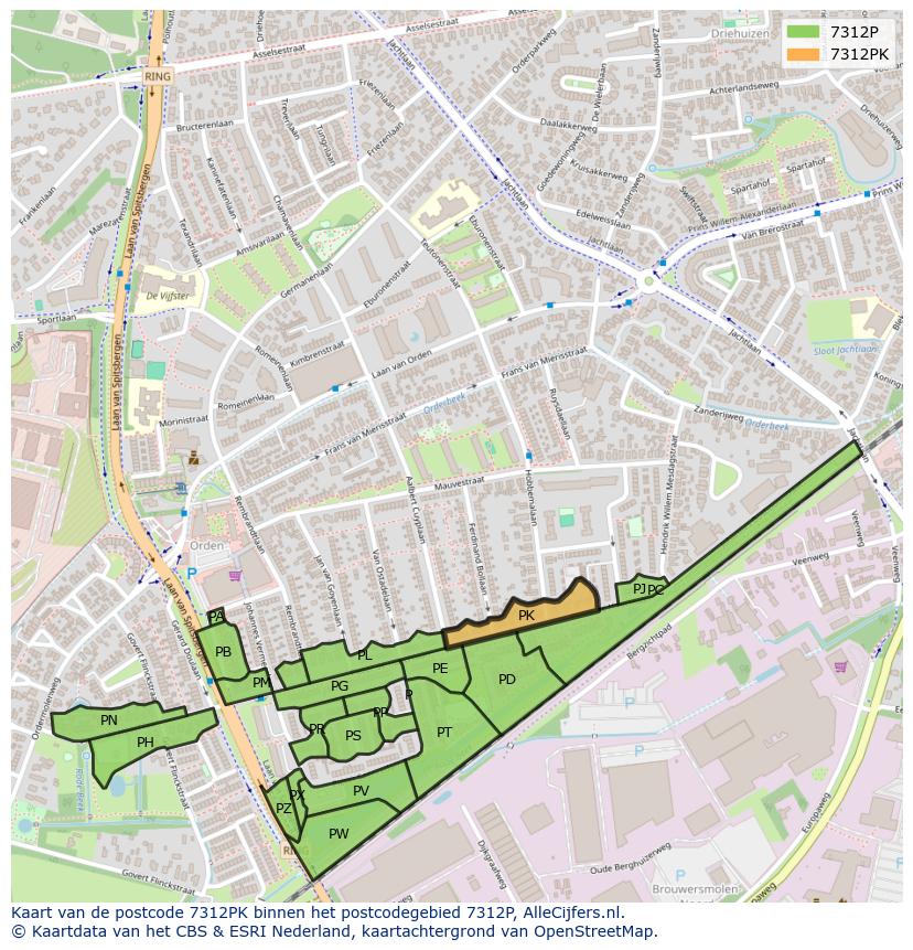 Afbeelding van het postcodegebied 7312 PK op de kaart.