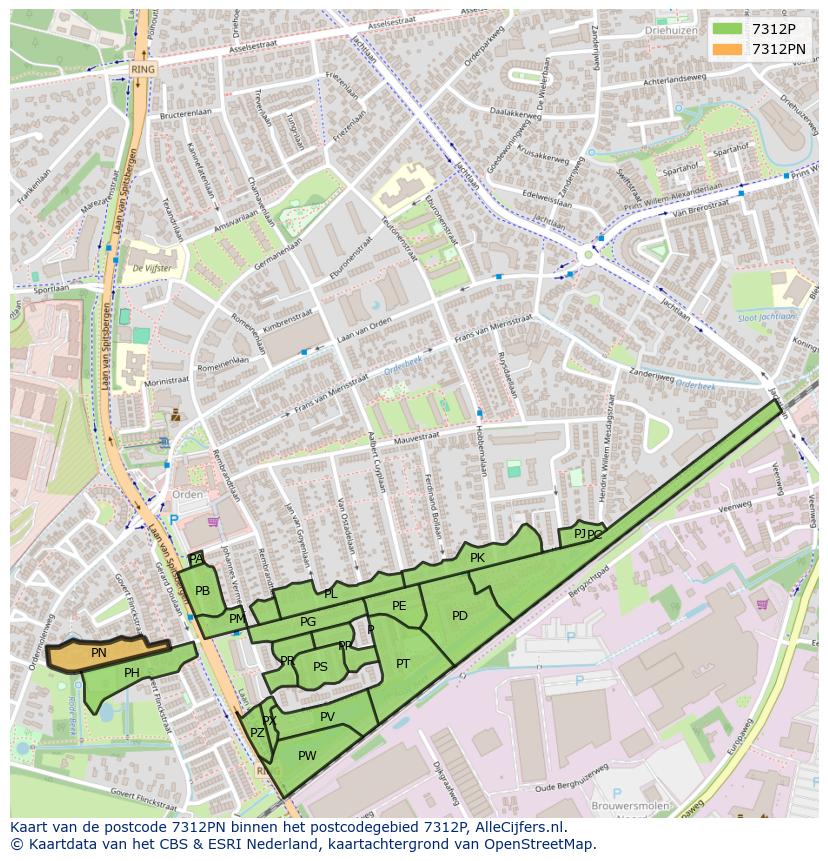 Afbeelding van het postcodegebied 7312 PN op de kaart.