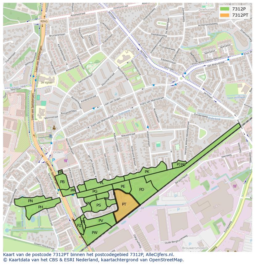 Afbeelding van het postcodegebied 7312 PT op de kaart.