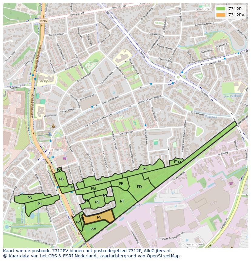 Afbeelding van het postcodegebied 7312 PV op de kaart.