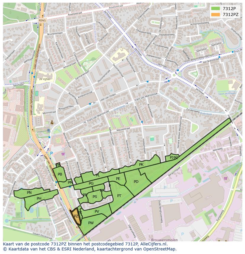 Afbeelding van het postcodegebied 7312 PZ op de kaart.
