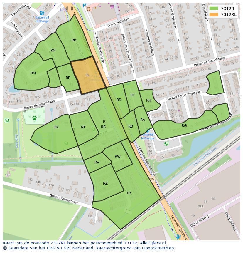 Afbeelding van het postcodegebied 7312 RL op de kaart.
