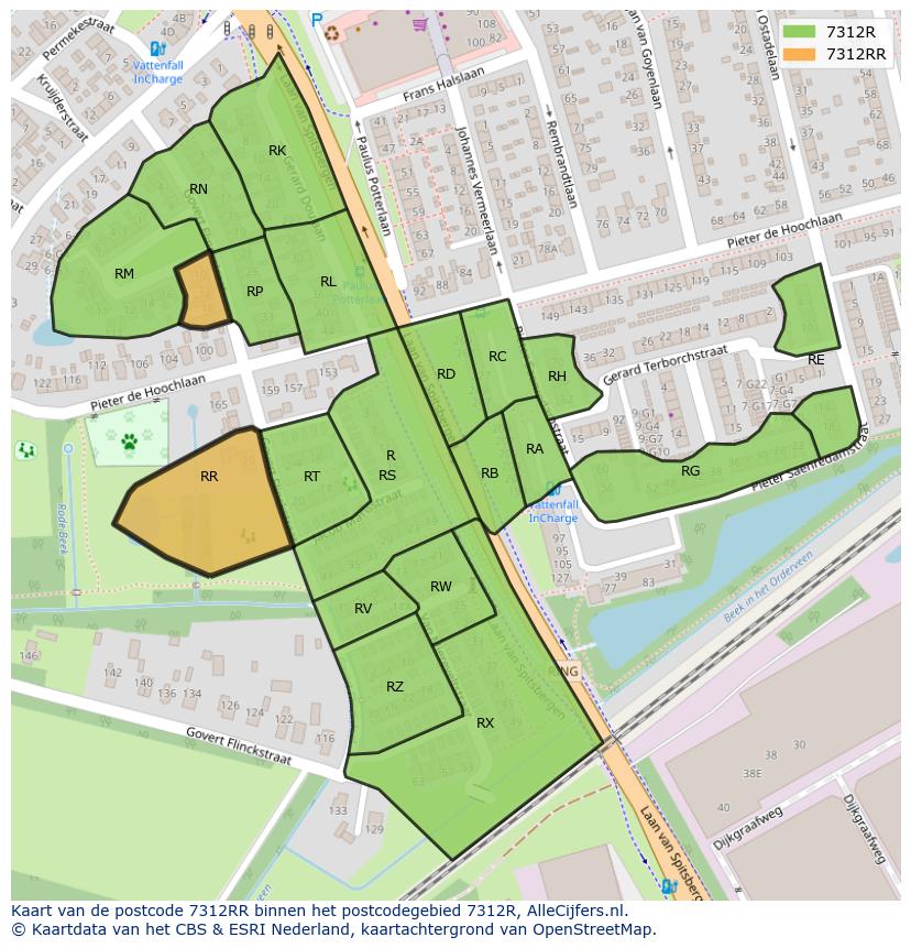Afbeelding van het postcodegebied 7312 RR op de kaart.