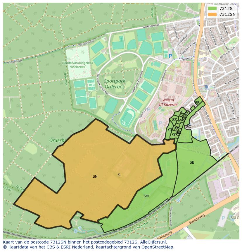 Afbeelding van het postcodegebied 7312 SN op de kaart.