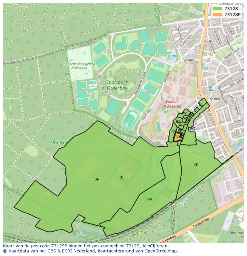 Afbeelding van het postcodegebied 7312 SP op de kaart.