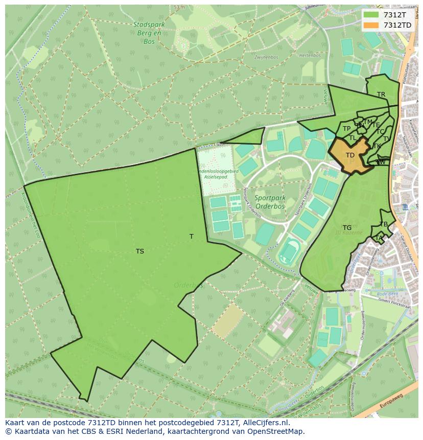 Afbeelding van het postcodegebied 7312 TD op de kaart.