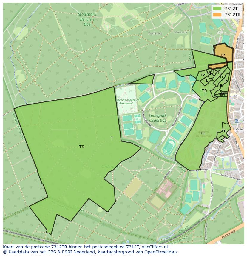 Afbeelding van het postcodegebied 7312 TR op de kaart.