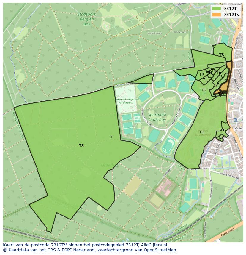 Afbeelding van het postcodegebied 7312 TV op de kaart.